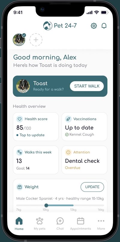 Pet 24-7 app showing Toast the cocker spaniel's health overview: vaccinations up to date, health score, weight tracking and reminders