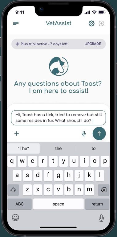 VetAssist chat in the Pet 24-7 app: asking what to do about a tick on Toast