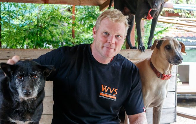 Dr Luke Gamble with rescue dogs at a Worldwide Veterinary Service shelter in Thailand
